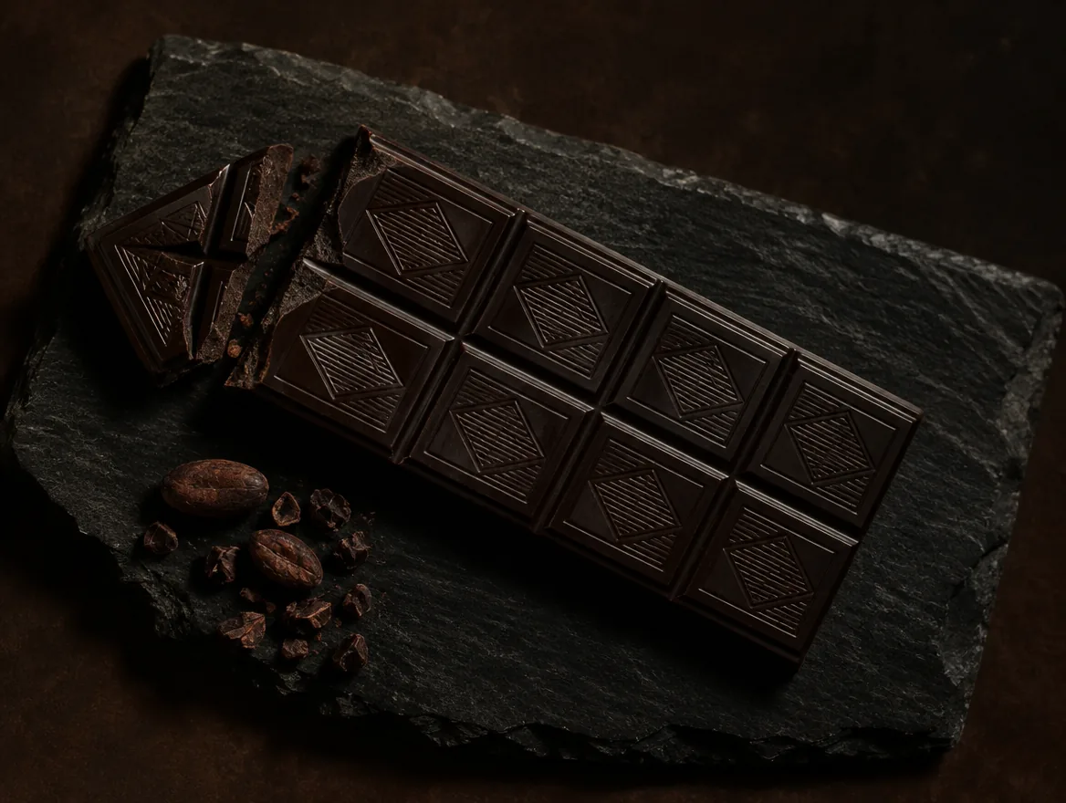 Finished chocolate bar on dark slate