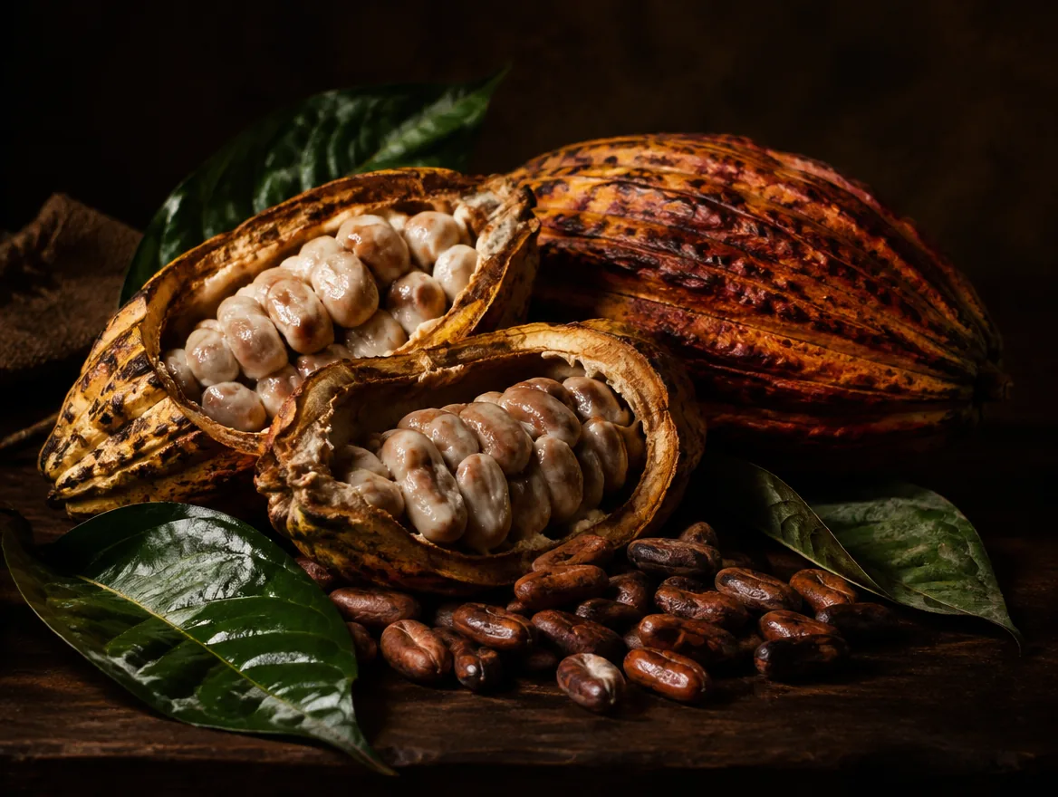 Freshly harvested cacao pods split open