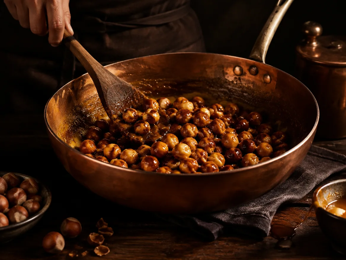 Hazelnuts caramelising in a copper pan
