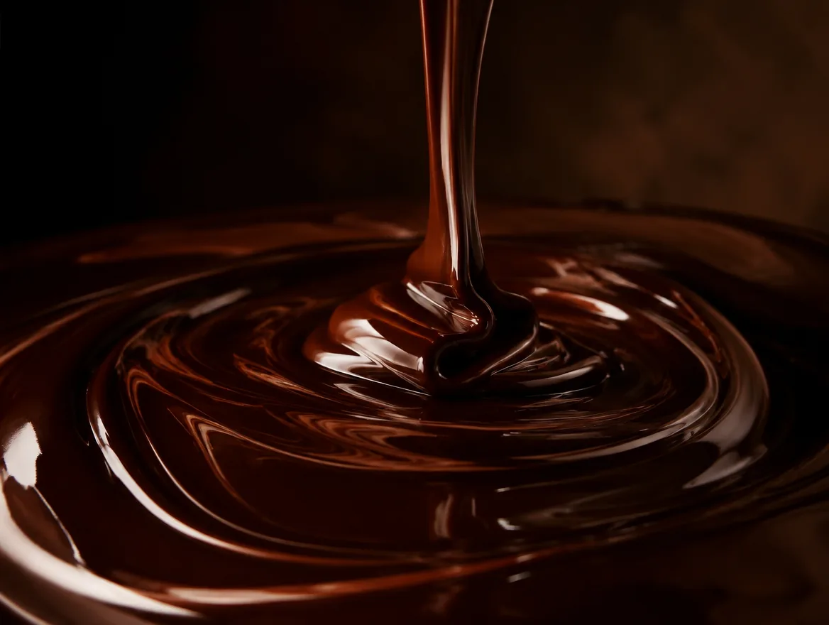 Molten chocolate pouring into a glossy pool