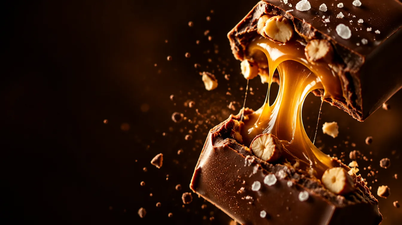 Macro photograph of a chocolate bar snapping open with caramel stretching between the halves