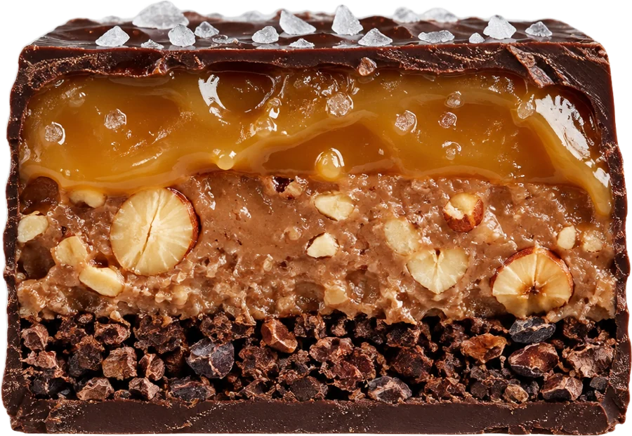Cross-section of the bar: dark chocolate shell, salted caramel, hazelnut praline and a cacao nib base